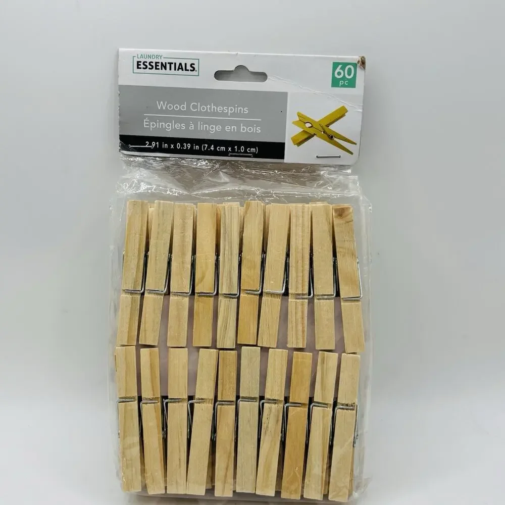 ESSENTIALS Wood Clothespins – 60 Count (Brand New in Package) 2.91 X 0.39. New!